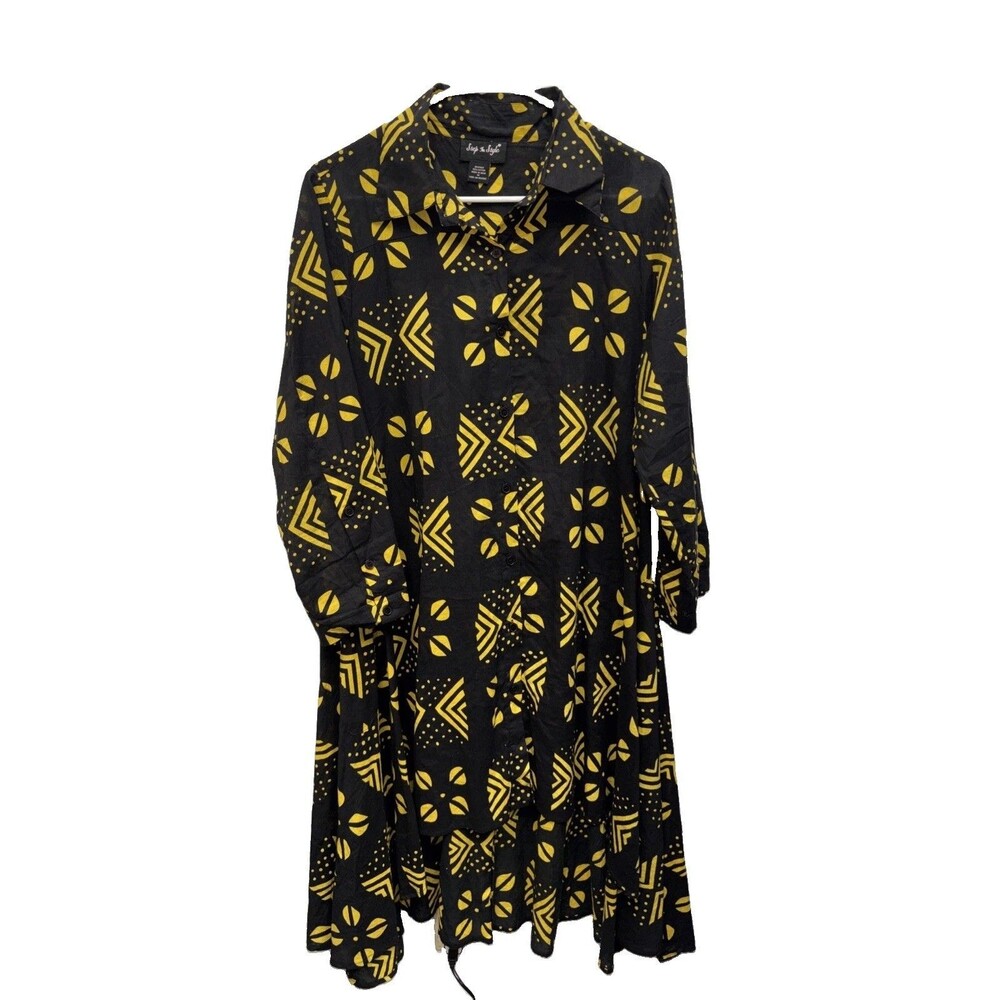 Step In Style women Dress Button Up cotton Black High Low Pockets Ruffle Geo M
